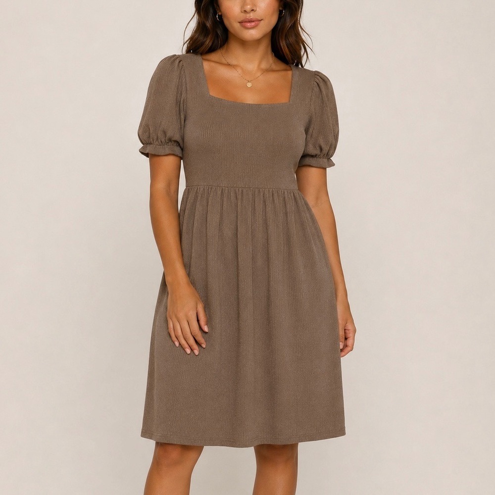 Pixi + Ivy Brown Ribbed Puff Sleeve Square Neck Empire Waist Dress L Cottagecore